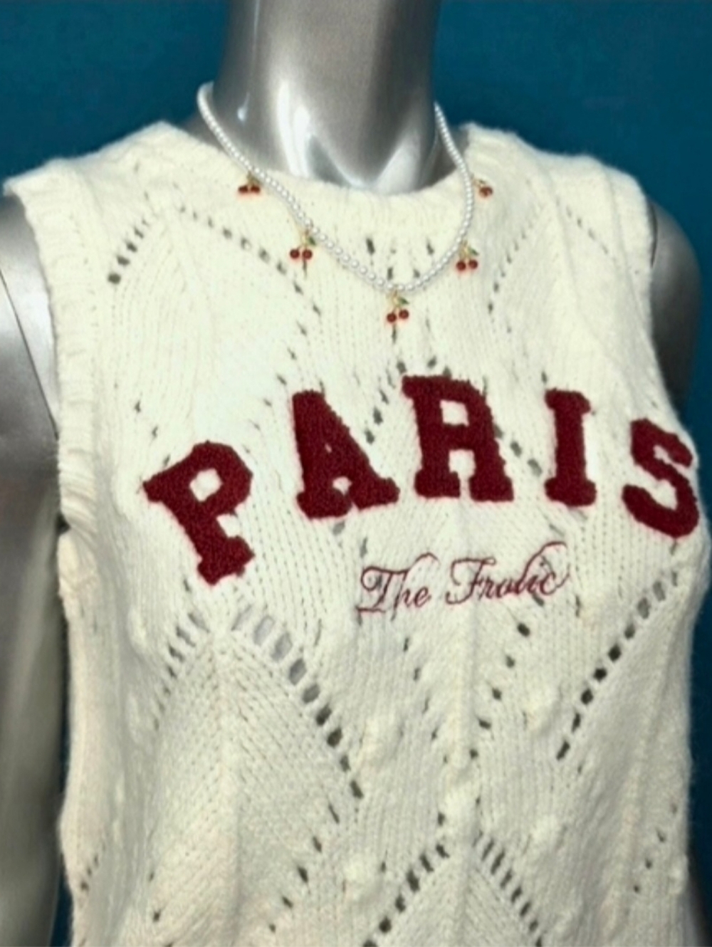🆕️❤️THE FROLIC Knit Pointelle Stitch Sweater w/ Faux Shearling Paris Logo (NWT)